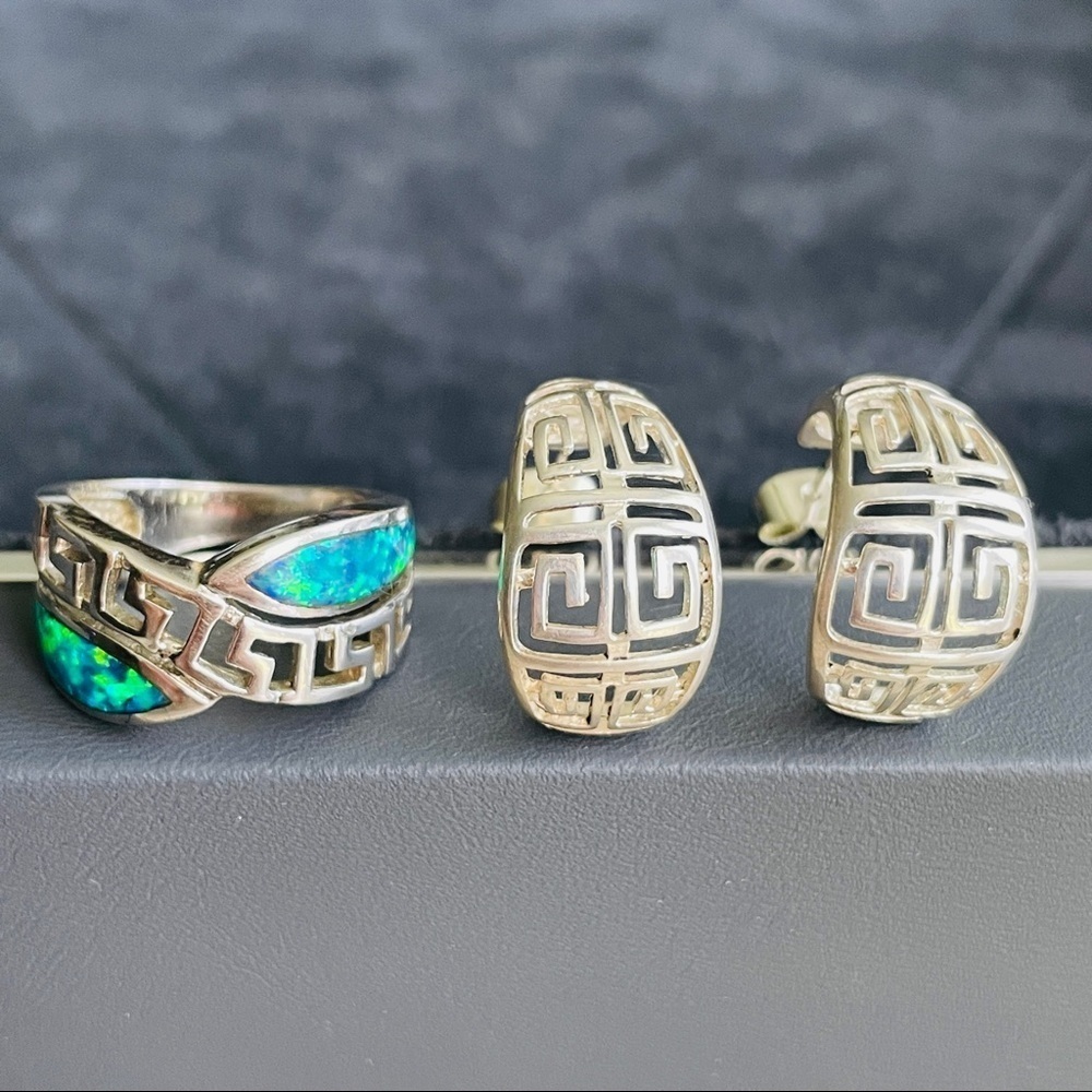 Greek Key Versace Pattern Fire Opal Sterling Silv… - image 5
